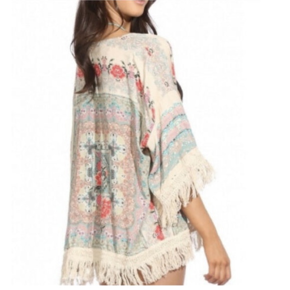 ZAPA Basic Boho Floral Fringe Kimono Coverup - Picture 3 of 10